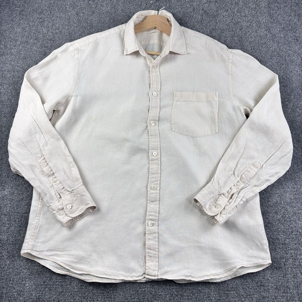 H&M Mens 50 Linen Shirt Cream Long Sleeve Pocket Regular Fit